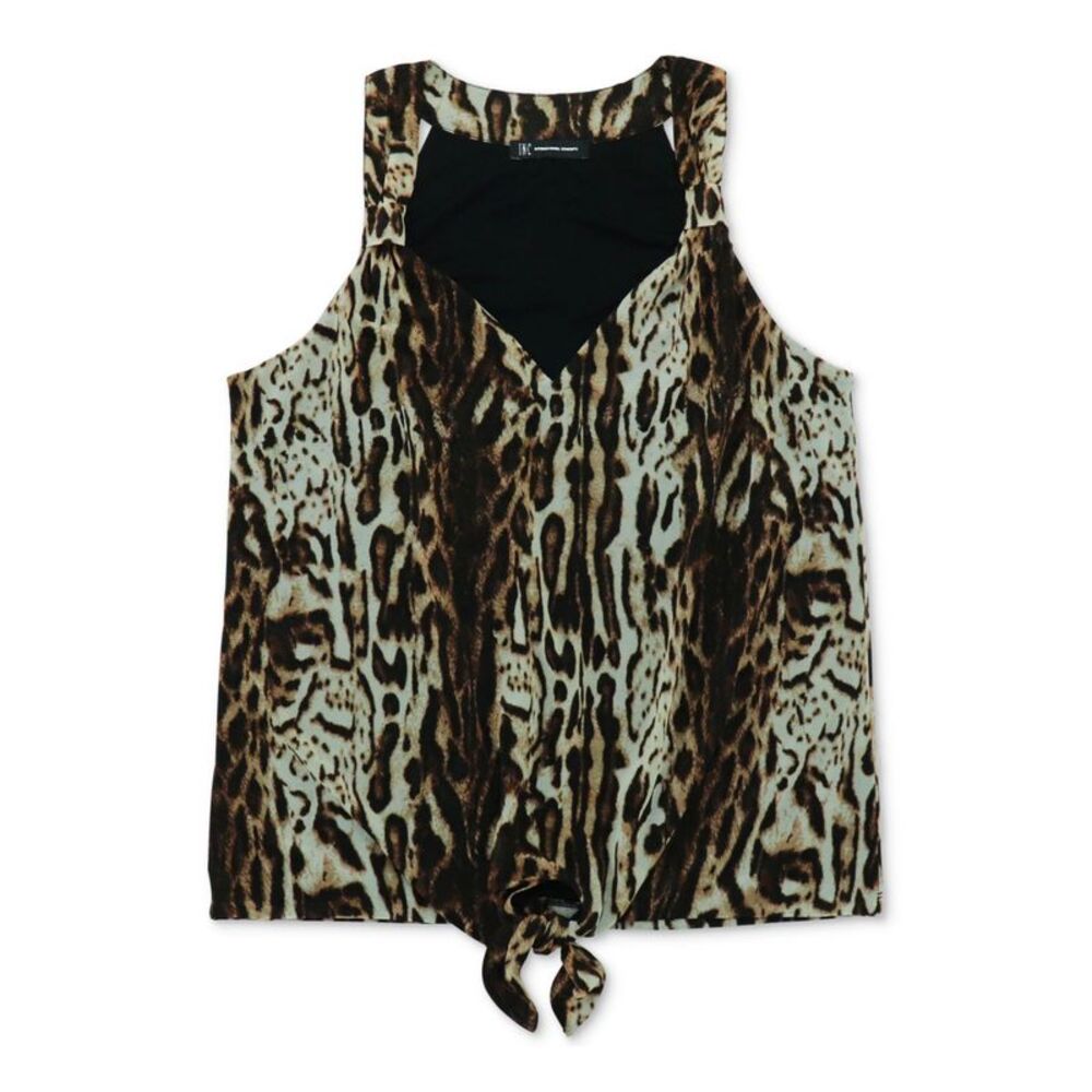 INC Womens Brown Tie Animal Print V Neck Top S